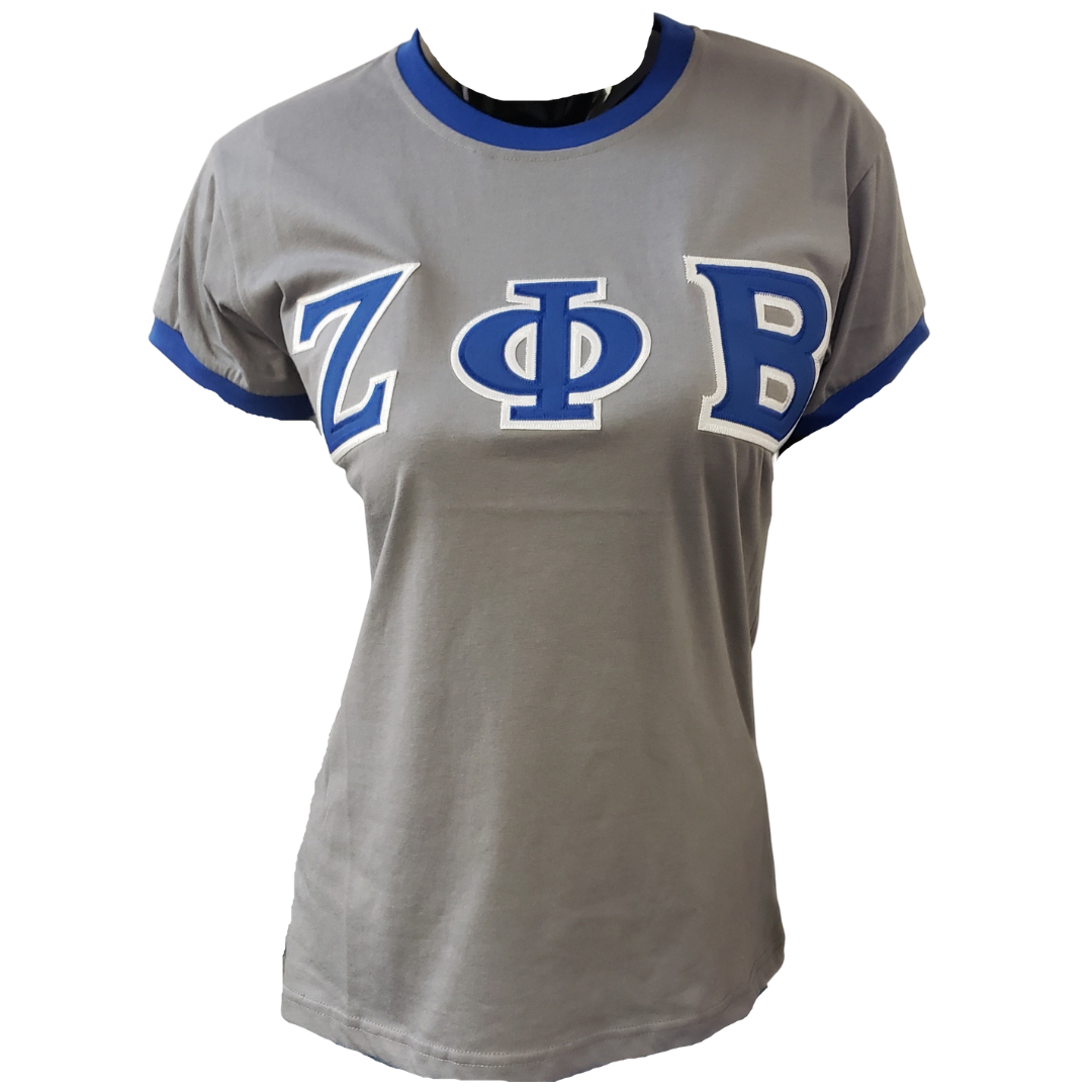 ZETA PHI BETA SORORITY T-SHIRT ZETA PHI BETA GRAY RINGER TEE SHIRT